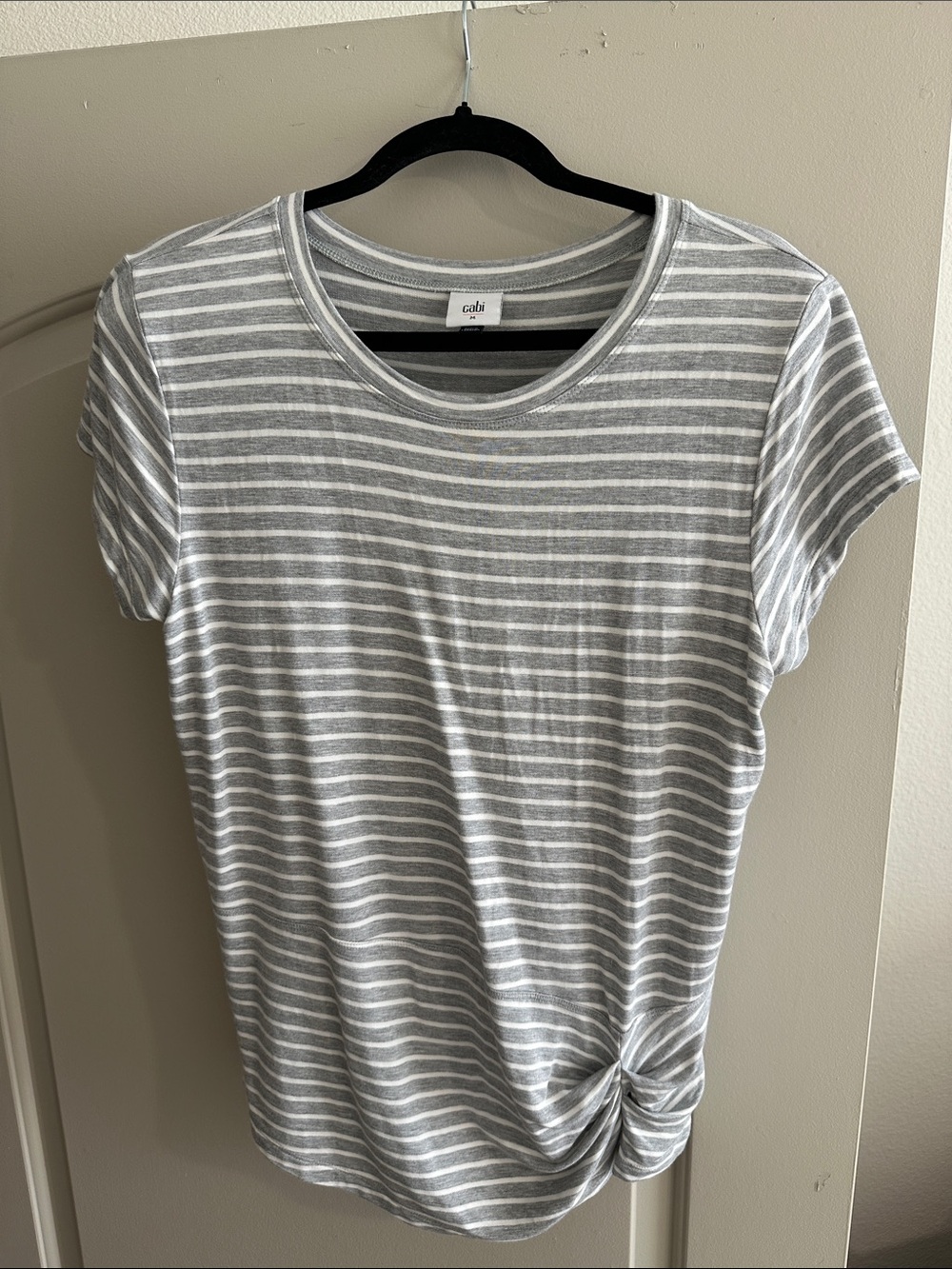 CAbi Gray & White Striped Knot-Detail Short Sleeve Tee